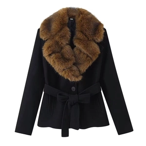 Women Elegant Faux Fur Collar Woolen Coat Winter Thick Warm Lapel Belted Waist Long Sleeve Mid Length Jacket Outwear