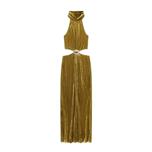 Abito Maxi da Donna in Velluto Halter Elegante Taglio in Vita Fibbia con Strass Bodycon Vestito Lungo da Sera
