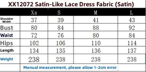 Size chart for women's satin lace dress with measurements for XS, S, M, and L sizes