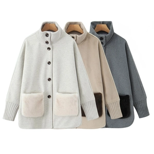 Women Winter Casual Loose Knitted Jacket Faux Fur Pocket Stand Collar Ribbed Trim Mid Length Single Breasted Coat Outerwear