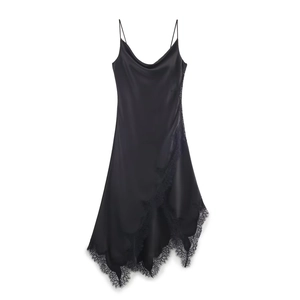 Women Elegant Black Satin Slip Maxi Dress Sexy Cowl Neck Lace Patchwork Asymmetrical Hem Spaghetti Strap Evening Party Dress
