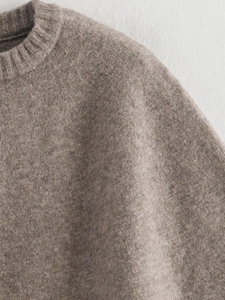Close-up of the ribbed crew neck and soft knitted wool texture on the oatmeal cardigan