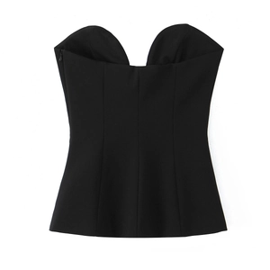 Detail of black sweetheart neckline bustier top with side zipper and slim fit seams