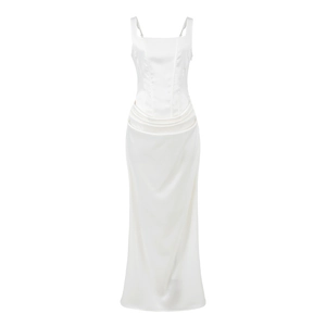 Elegant white corset satin maxi dress with square neckline and draped asymmetric skirt