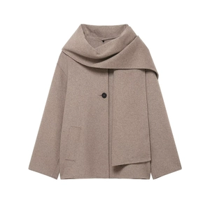 Short wool coat in light brown featuring a scarf collar and black button detail