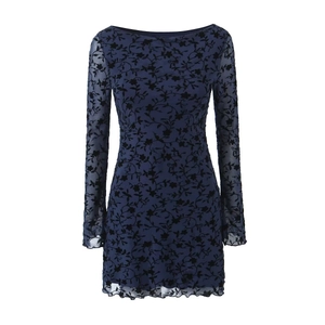 French Vintage Flocked Floral Mesh Mini Dress For Women Off Shoulder Flared Long Sleeve Bodycon Sexy Party Clubwear Dress