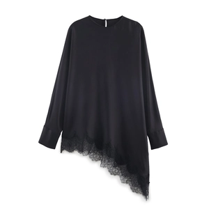 Elegant black satin long sleeve blouse with asymmetric lace hem and round neckline