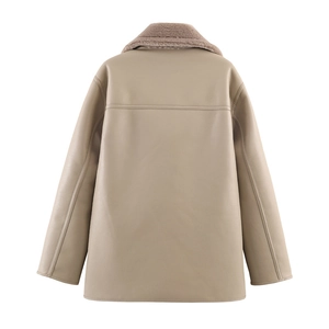 Back view of a khaki oversized faux leather coat with a stylish brown faux fur collar
