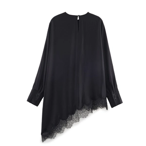 Elegant black long sleeve satin blouse featuring asymmetrical lace trim and a classic back slit