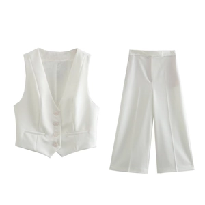 Gilet Sans Manches Col en V Femme Et Pantalon Large à Taille Haute Couleur Unie Polyester Streetwear Élégant Top Bottom