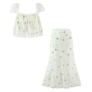 Detail of floral two-piece set featuring puff sleeves with delicate lace trims and buttons