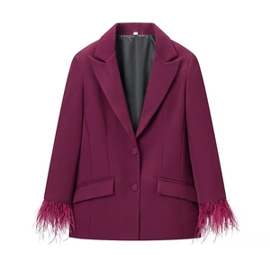 Magenta women blazer with feather cuffs and two-button closure in elegant suit style