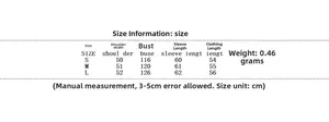 Size guide table for women hooded jacket showing S, M, L dimensions in centimeters