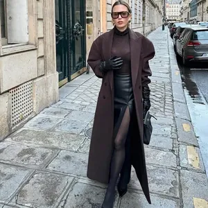 Damen Zweireihiger Wollmantel Eleganter Revers Schulterpolster Langarm Lockere Passform Polyester Trenchcoat Mode