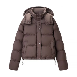 Women's Puffer Jacket Hooded Long Sleeve Winter Coat Drawstring Hem Zipper Snap Button Solid Color Casual Padded Outerwear