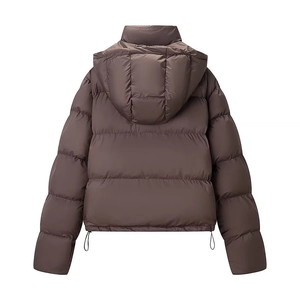 Detailed back view of a puffy brown hooded jacket with adjustable drawstring hem