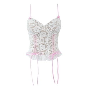 Women Sweet White Floral Lace Camisole Bustier Top Pink Bows Ruffle Hem Adjustable Straps Sexy Chic Summer Tank Top
