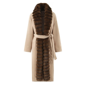 Women Faux Fur Collar Long Woolen Coat Khaki Lace Up Waist Belt Overcoat Elegant Winter Warm Outerwear Splicing Design