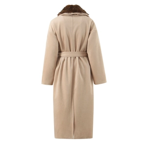 Back view of apricot wool coat with faux fur collar and waist tie belt