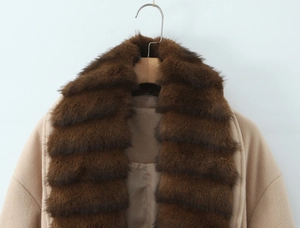 Detailed close-up of faux fur collar and textured wool blend coat in beige