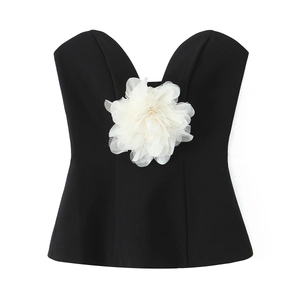 Women's Sexy Black Tube Top With Large 3D Mesh Flower Decoration Sweetheart Neckline Sleeveless Backless Party Bustier Top