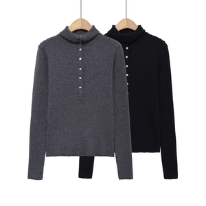 Pull en Maille Côtelée Ajustée pour Femme Col Montant Pullover à Manches Longues avec Boutons en Fil Métallique Tricot de Mode Automne Hiver