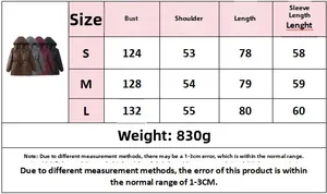 Detailed size chart with S, M, and L measurements for hooded winter coat with drawstring waist