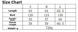 Detailed size chart for women loose cotton jacket showing length, bust, and sleeve measurements