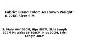 Size chart showing fabric details and dimensions for the plaid knit mini skirt