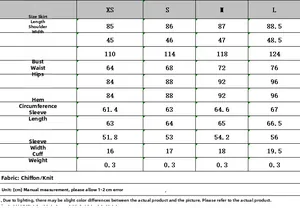 Detailed size chart for long sleeve patchwork bodycon dress in XS, S, M, L sizes