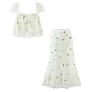 Women Vintage Floral Embroidery Lace Trim Square Neck Puff Sleeve Top And Midi Skirt For Casual Party