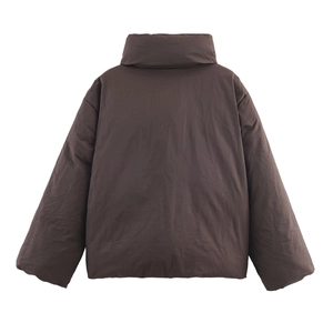 Back view of dark brown oversized puffer jacket featuring loose fit and high stand collar