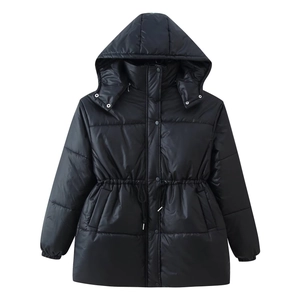 Detail view of black drawstring waist hooded jacket with zipper and button closure