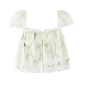 Floral embroidery crop top with lace trim and puff sleeves in elegant cream white
