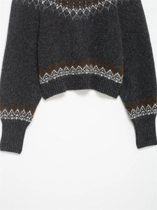 Gros plan du pull en maille Fair Isle montrant les motifs géométriques gris et blancs