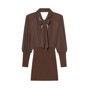 Elegant Coffee Chiffon Patchwork Bodycon Mini Dress For Women Bow Tie Collar Lantern Long Sleeve Pleated Streetwear Dress