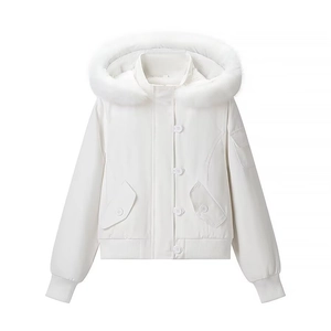 Women's Vintage White Hooded Short Jacket With Faux Fur Collar Warm Ribbed Trim Zip Up American Style Padded Outerwear