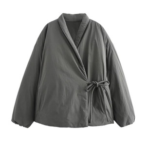 Women's dark gray quilted kimono jacket with adjustable waist tie and loose fit