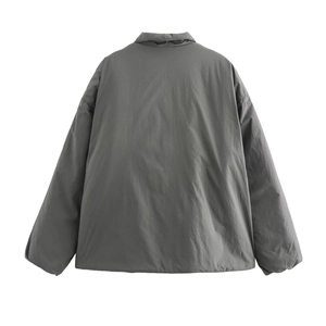 Back view of a trendy gray long sleeve street style kimono jacket in windproof fabric
