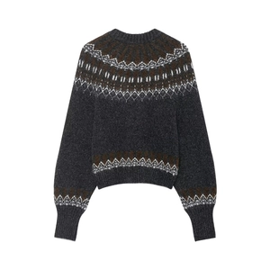 Pull en maille gris foncé avec motifs jacquard Fair Isle et col rond classique