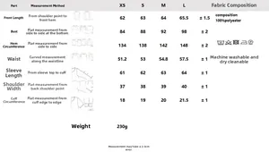 Detailed size chart for the women's top with measurements for XS to L in centimeters