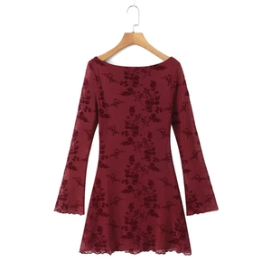 Slim fit burgundy flocked floral lace mini dress with flared sleeves and off-shoulder neckline