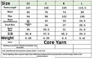 Detailed size chart for women straight leg trousers with measurements in centimeters