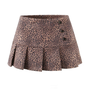 Jupe Courte Plissée Imprimé Léopard pour Femme Taille Haute Décoration de Boutons Latéraux Jupe Courte Coupe A-Line