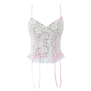 Slim fit lace corset top with pink bow straps and ruffled hem in white floral lace