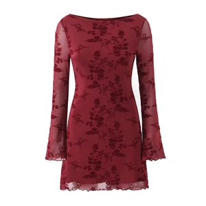 Burgundy long sleeve mesh mini dress with vintage flocked floral patterns and flared cuffs