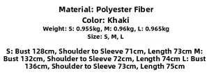 Size chart for khaki knit patchwork jacket showing measurements in S, M, and L sizes
