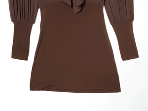 Detailed view of dark brown dress featuring pleated lantern sleeves and a bow tie neckline
