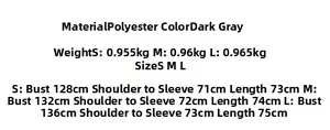Detailed size chart for dark gray knit coat showing dimensions for S, M, and L sizes