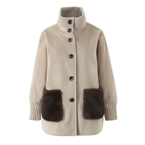 Women Elegant Stand Collar Patchwork Coat Mid Length Faux Fur Pocket Ribbed Knit Stitching Long Sleeve Button Warm Jacket